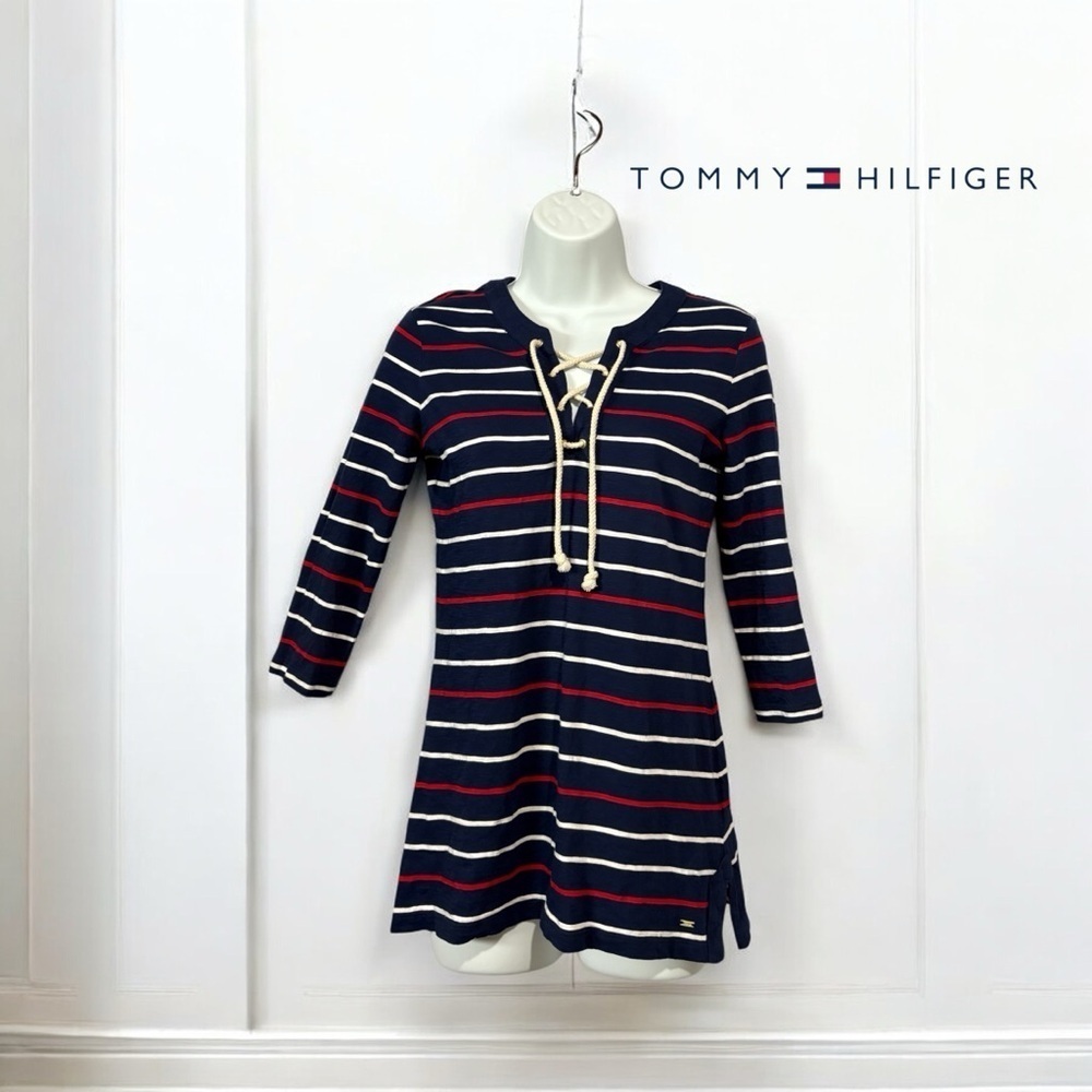 Tommy Hilfiger, Nautical Striped Lace Up Top Navy, Red & White, Small ⚓️